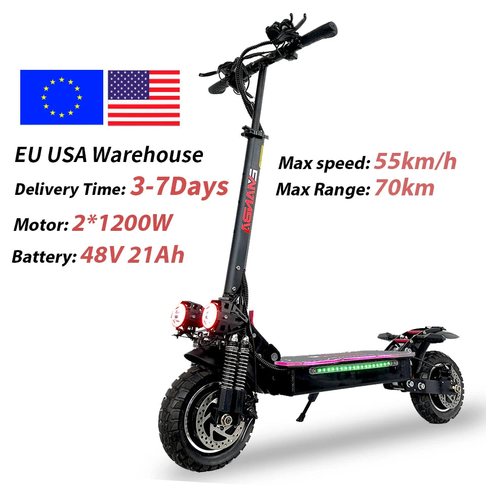 EU Dual Motor Electric Scooter, Foldable Scooter, Max Speed 55km, 10Inch Max Mileage, 70km, H, 2400W