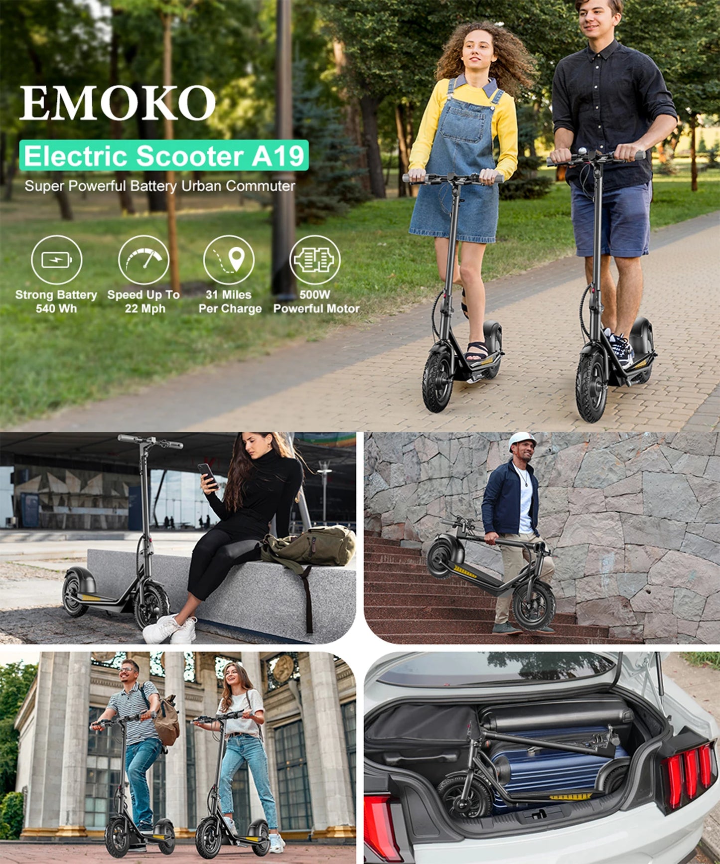 EU new 12 inch road tyre adult city electric scooter Max speed 40KM/H 800W dual motors 36V-15AH large battery Foldable storage