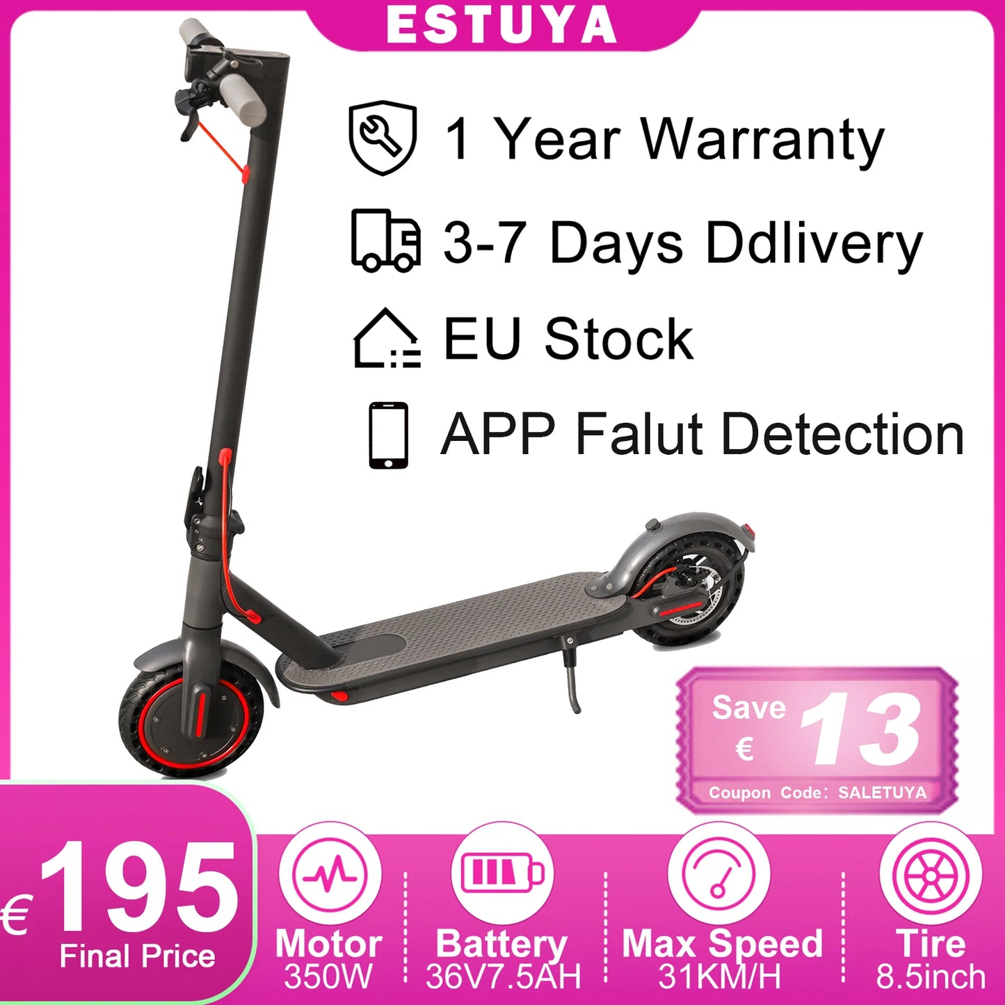 JUICEASE 16KM Electric Scooter Adults 350W 7.5AH Escooter 8.5inch Tire Free Shippng 31KM/H IP65 Waterproof Electric Kick Scooter