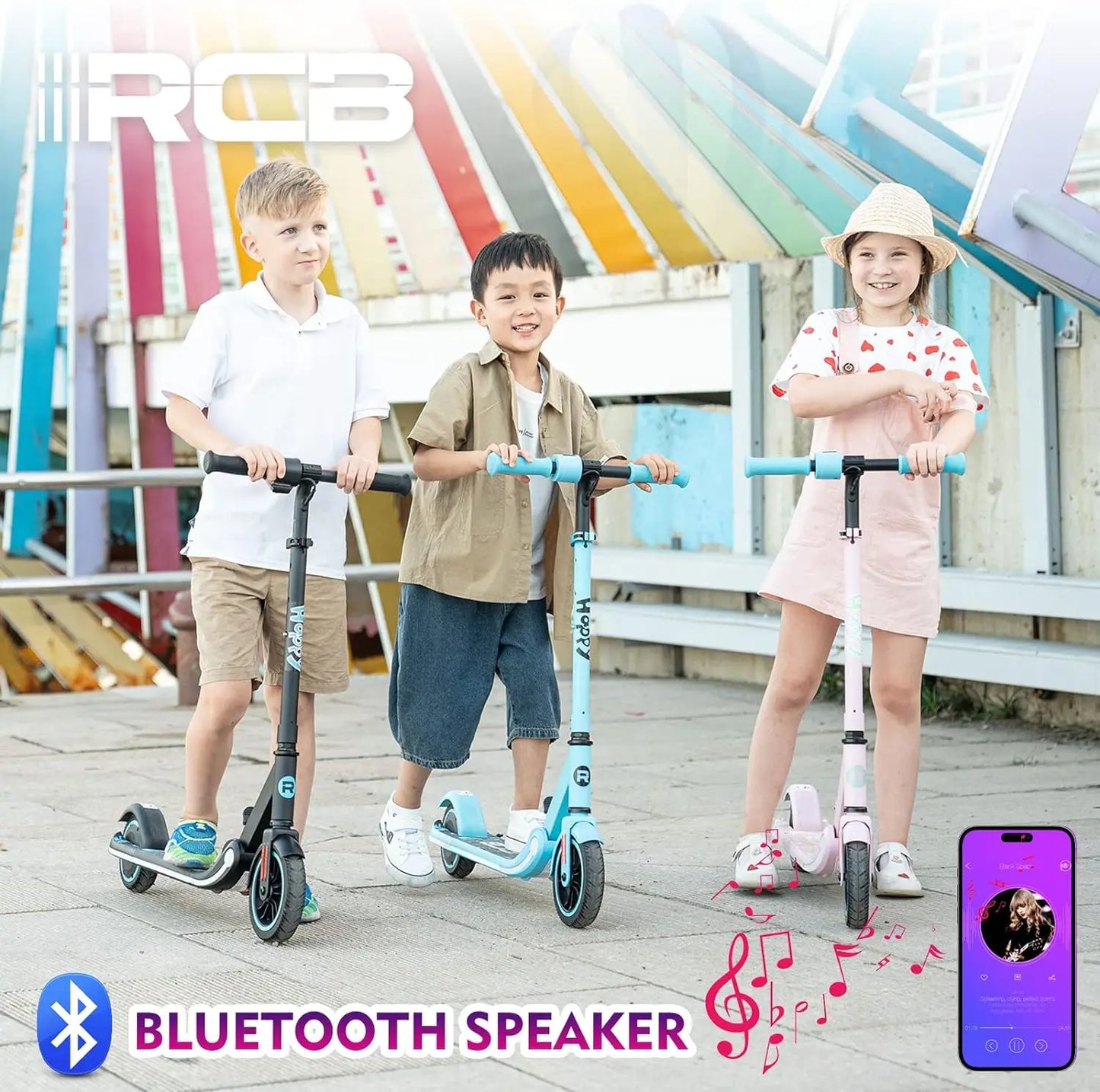 RCB Electric Scooter for Kids, 150W Motor - Max 9.3mph - Bluetooth Speaker - Colorful LED Lights - Foldable - LED Display