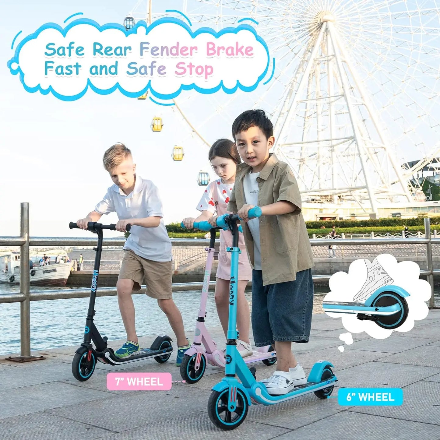 RCB Electric Scooter for Kids, 150W Motor - Max 9.3mph - Bluetooth Speaker - Colorful LED Lights - Foldable - LED Display