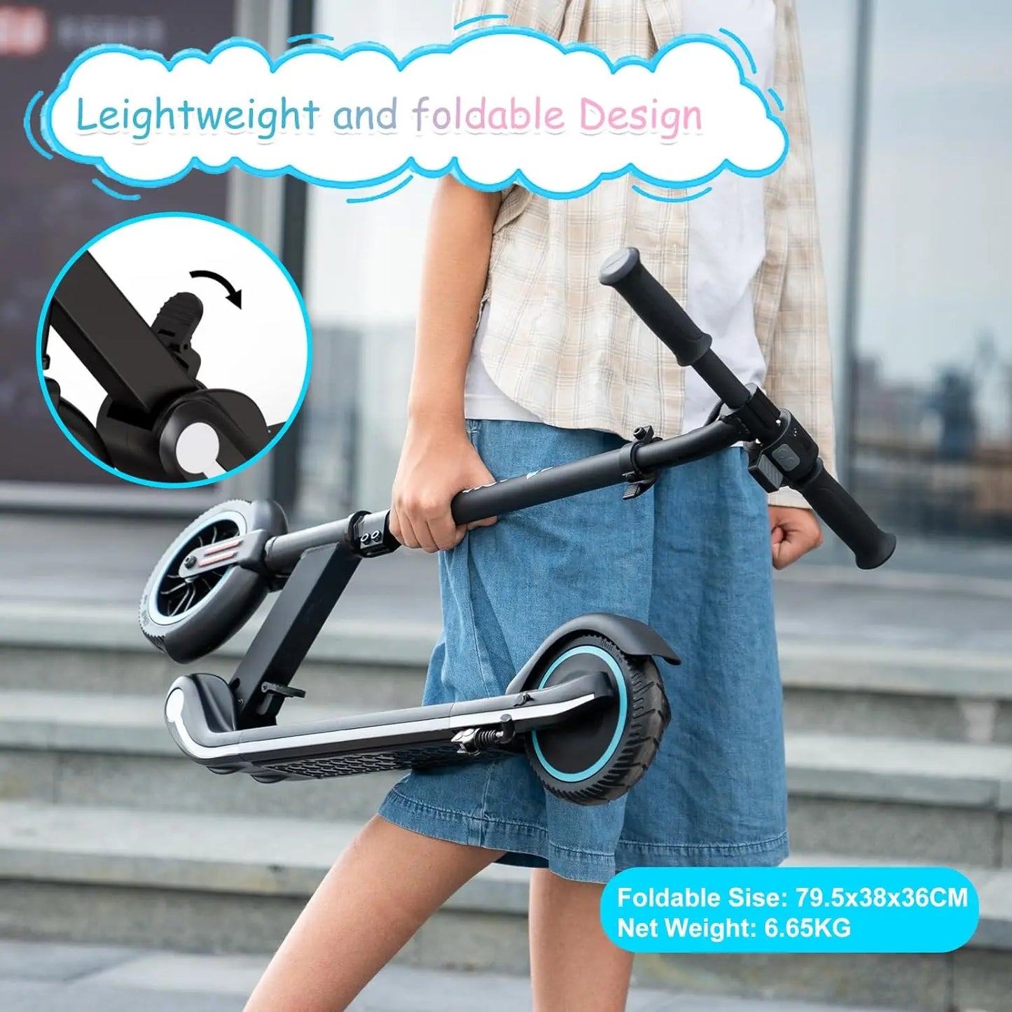 RCB Electric Scooter for Kids, 150W Motor - Max 9.3mph - Bluetooth Speaker - Colorful LED Lights - Foldable - LED Display